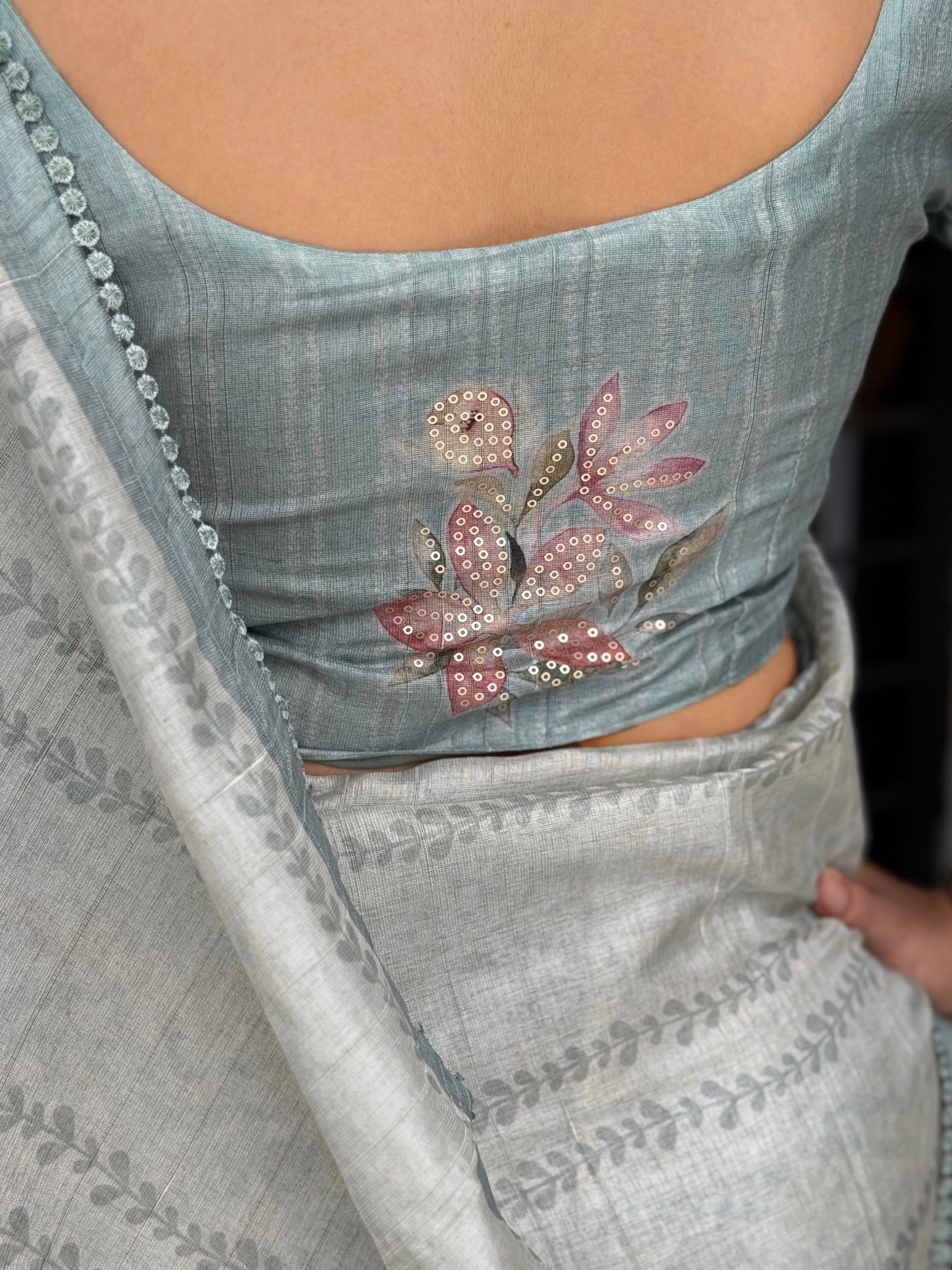 AnusCouture Divya - Pure Linen Saree with Digital Print & Sequin Detailing Anuscouture