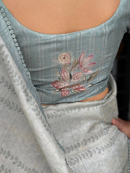 AnusCouture Divya - Pure Linen Saree with Digital Print & Sequin Detailing Anuscouture