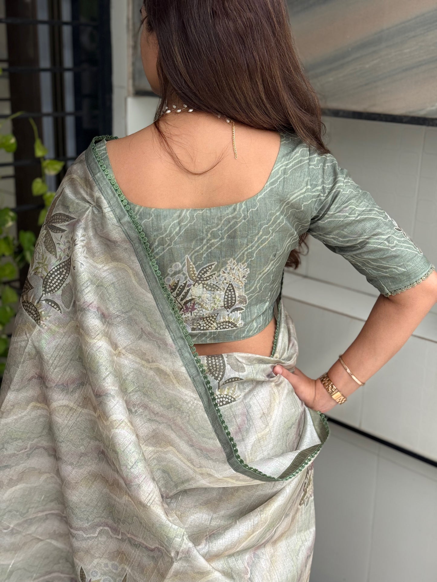 AnusCouture Divya - Pure Linen Saree with Digital Print & Sequin Detailing Anuscouture