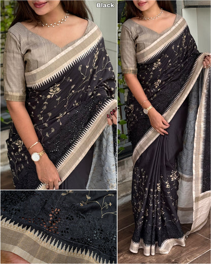 Anuscouture Wayanad - Tusser Cotton Saree with Dual Zari Border & Digital Print Anuscouture