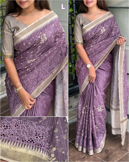 Anuscouture Wayanad - Tusser Cotton Saree with Dual Zari Border & Digital Print Anuscouture
