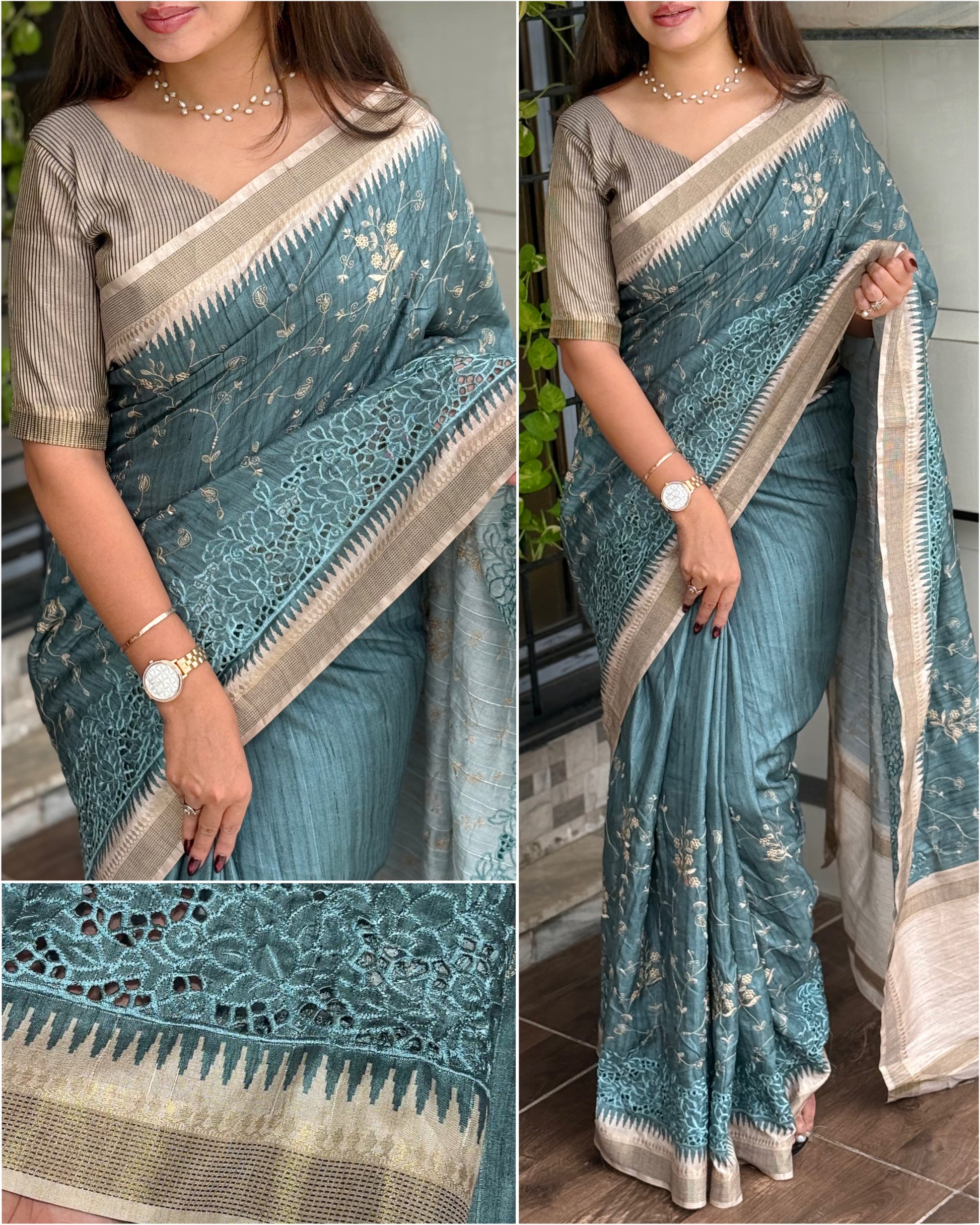 Anuscouture Wayanad - Tusser Cotton Saree with Dual Zari Border & Digital Print Anuscouture