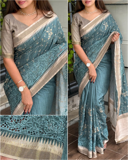 Anuscouture Wayanad - Tusser Cotton Saree with Dual Zari Border & Digital Print Anuscouture