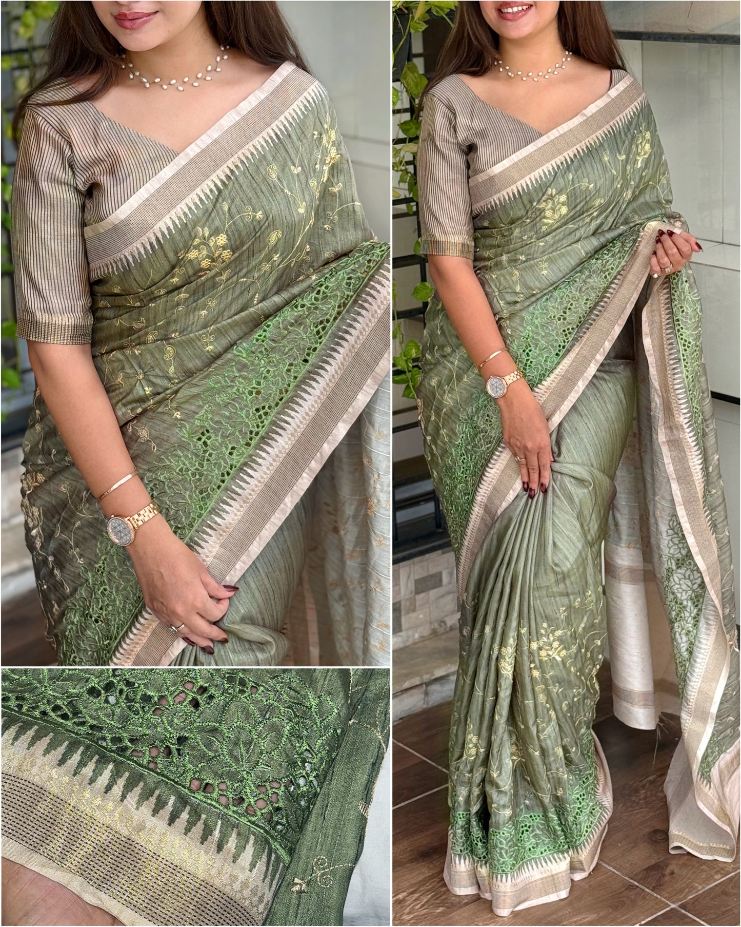 Anuscouture Wayanad - Tusser Cotton Saree with Dual Zari Border & Digital Print Anuscouture