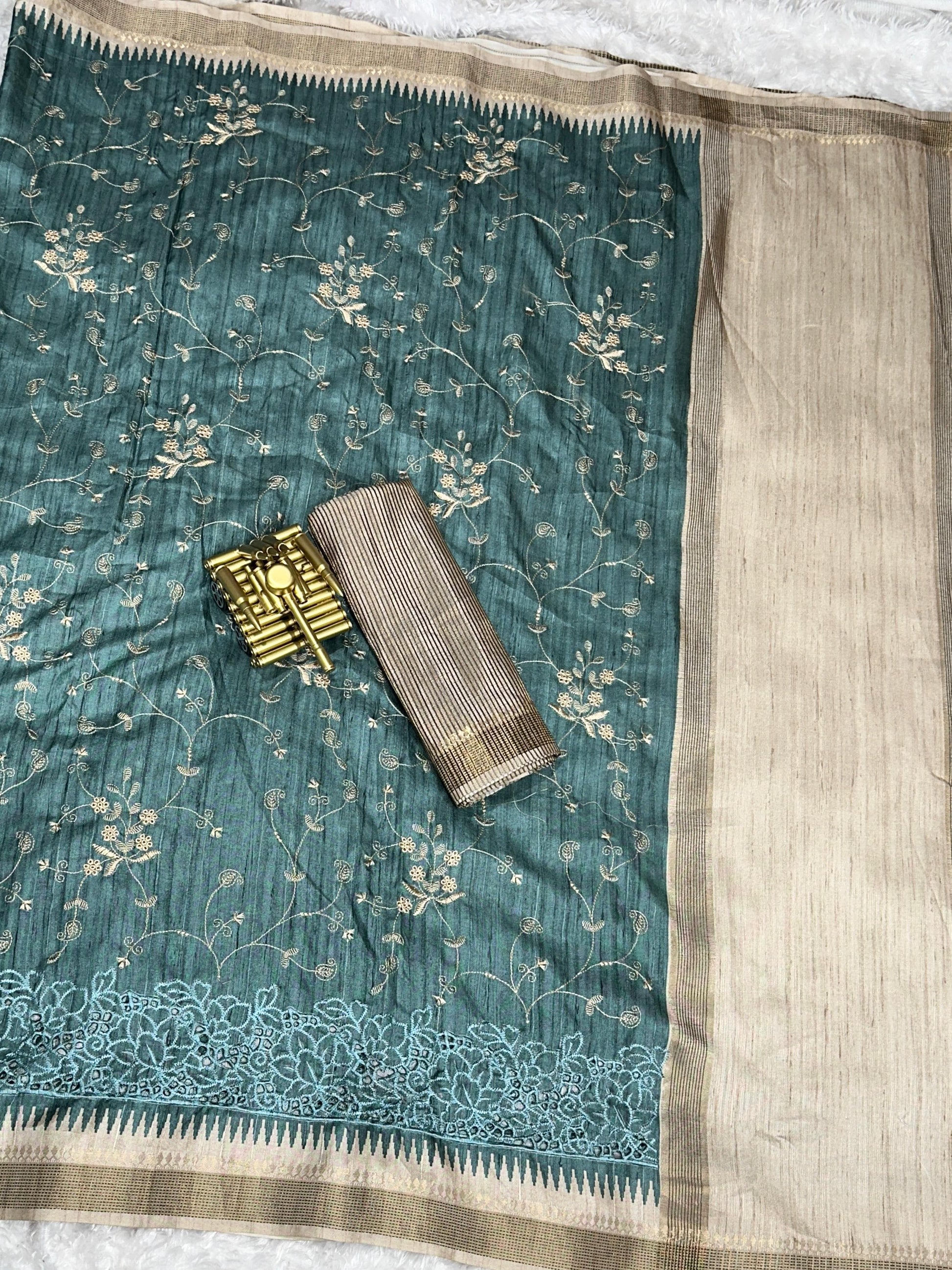 Anuscouture Wayanad - Tusser Cotton Saree with Dual Zari Border & Digital Print Anuscouture