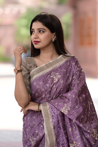 Anuscouture Wayanad - Tusser Cotton Saree with Dual Zari Border & Digital Print Anuscouture