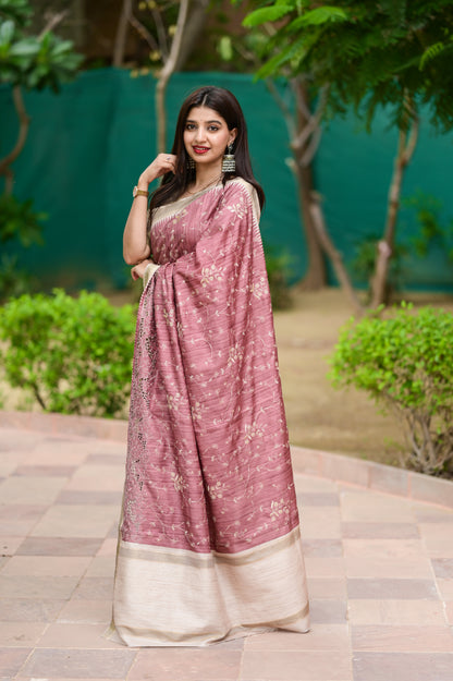 Anuscouture Wayanad - Tusser Cotton Saree with Dual Zari Border & Digital Print Anuscouture