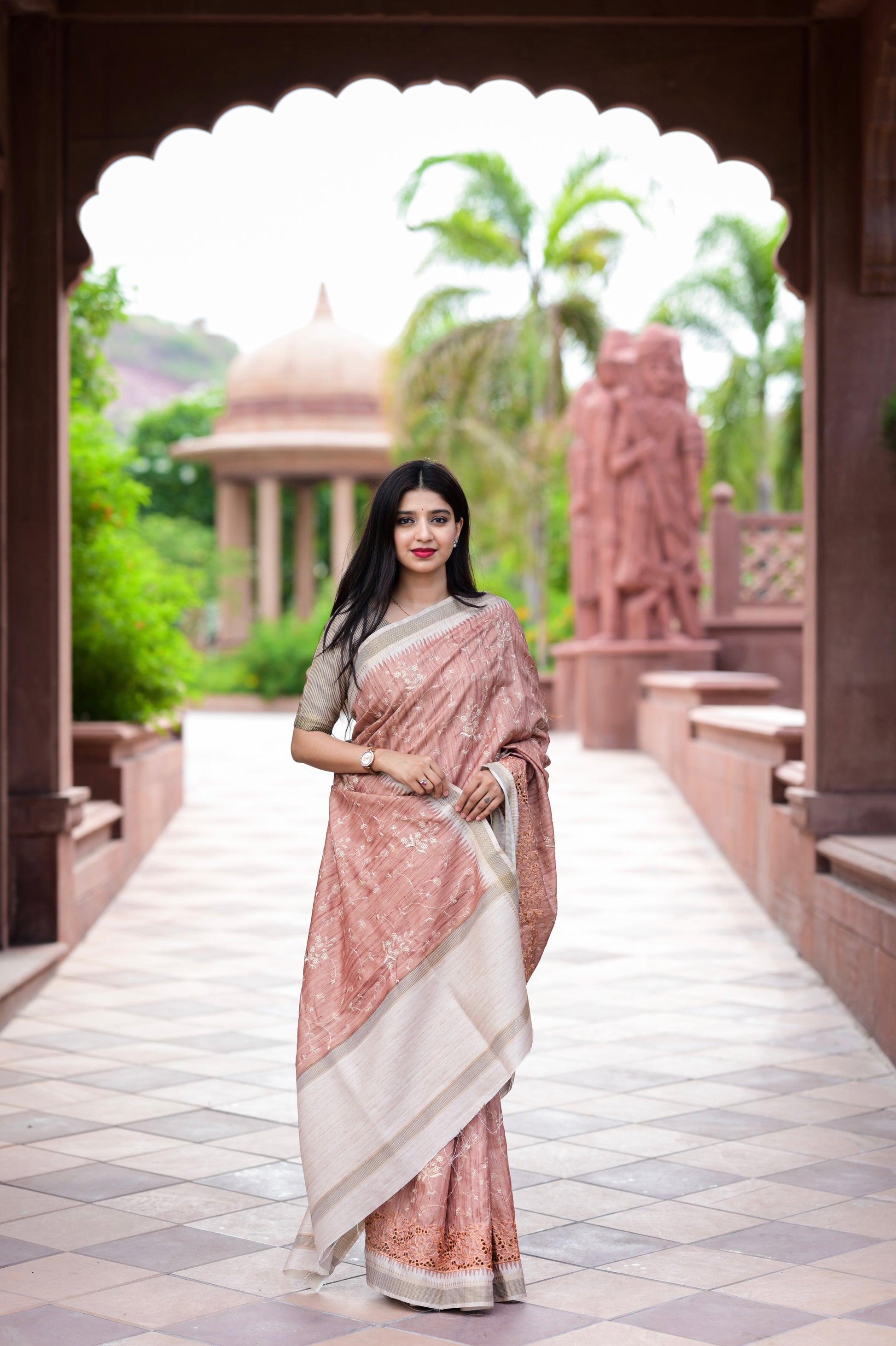 Anuscouture Wayanad - Tusser Cotton Saree with Dual Zari Border & Digital Print Anuscouture