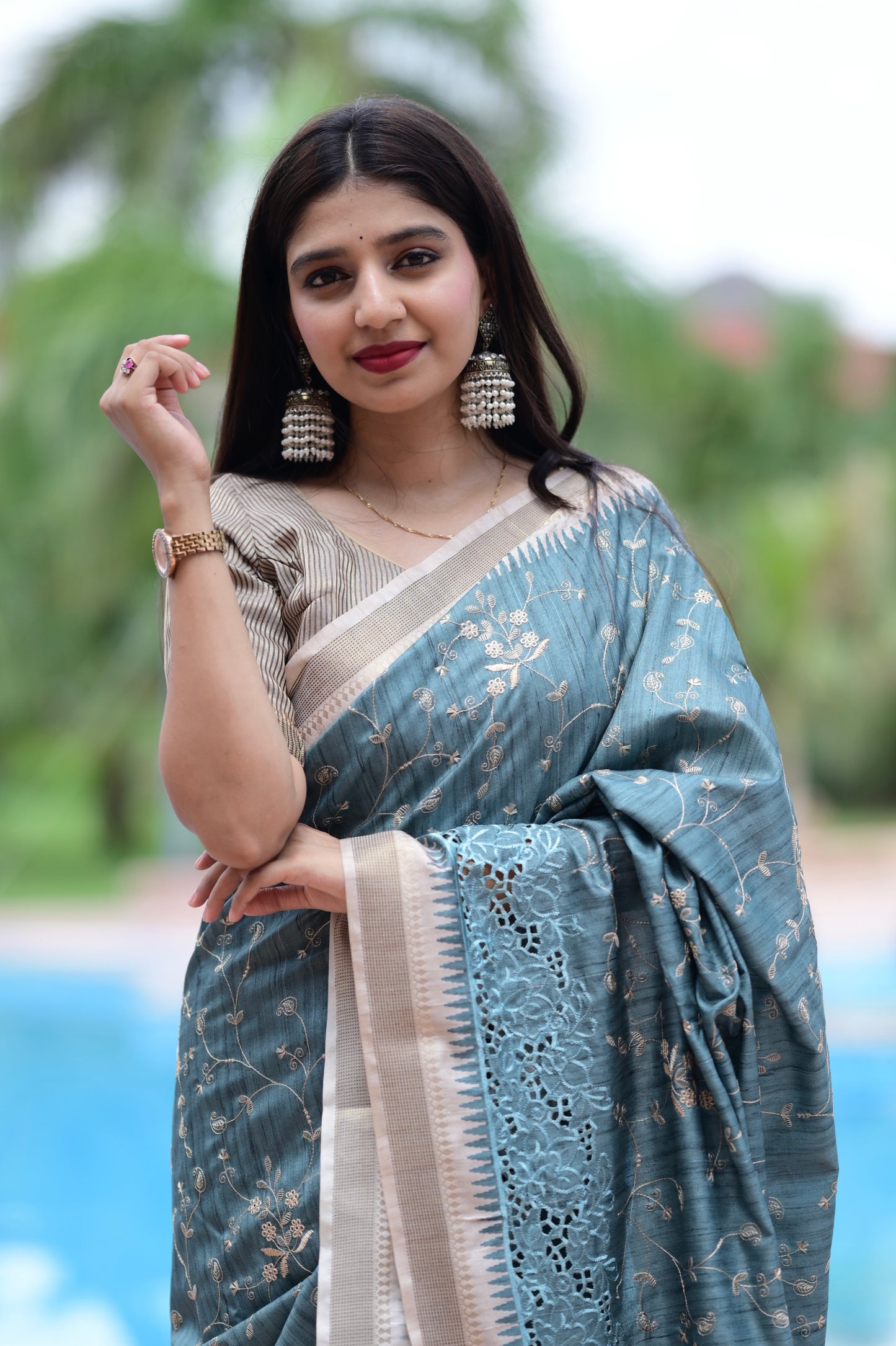 Anuscouture Wayanad - Tusser Cotton Saree with Dual Zari Border & Digital Print Anuscouture
