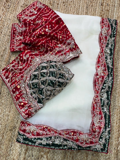 AC Panghat - Bandhani Designer Saree with Stitched Blouse & Zari Coading Work