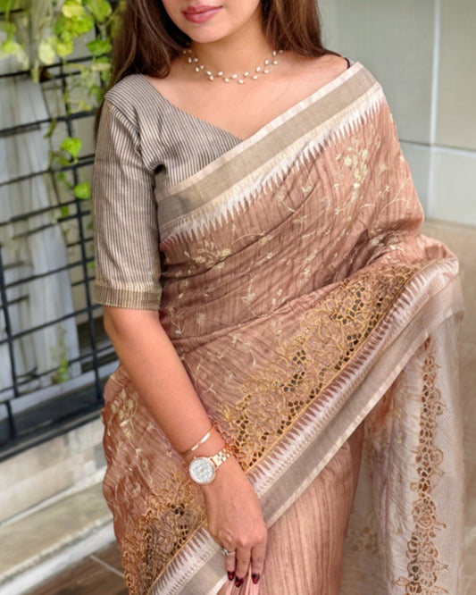 Anuscouture Wayanad - Tusser Cotton Saree with Dual Zari Border & Digital Print Anuscouture