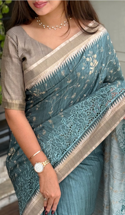 Anuscouture Wayanad - Tusser Cotton Saree with Dual Zari Border & Digital Print Anuscouture