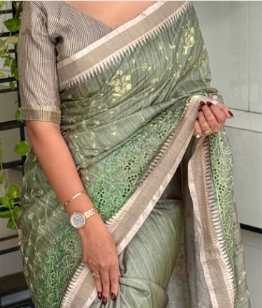 Anuscouture Wayanad - Tusser Cotton Saree with Dual Zari Border & Digital Print Anuscouture