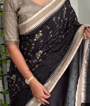 Anuscouture Wayanad - Tusser Cotton Saree with Dual Zari Border & Digital Print Anuscouture