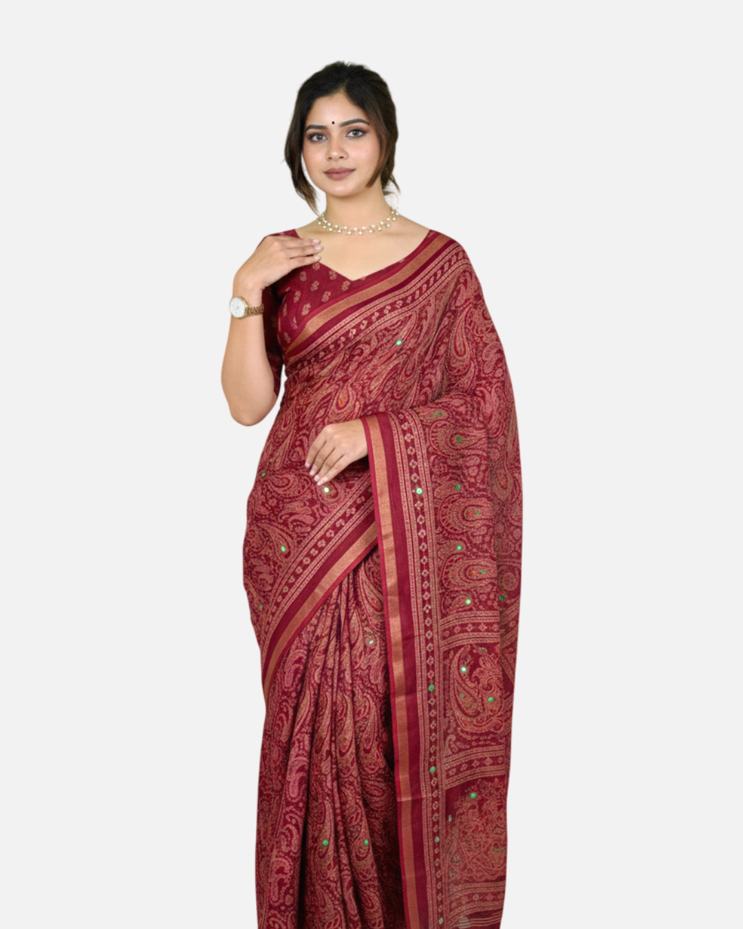 Anuscouture Kalamkari - Ajrakh Print Mul Cotton Saree with Mirror Work Anuscouture