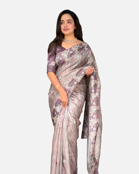Anuscouture Ruhaani - Tusser Silk Digital Print Saree with Fine Embroidery Anuscouture