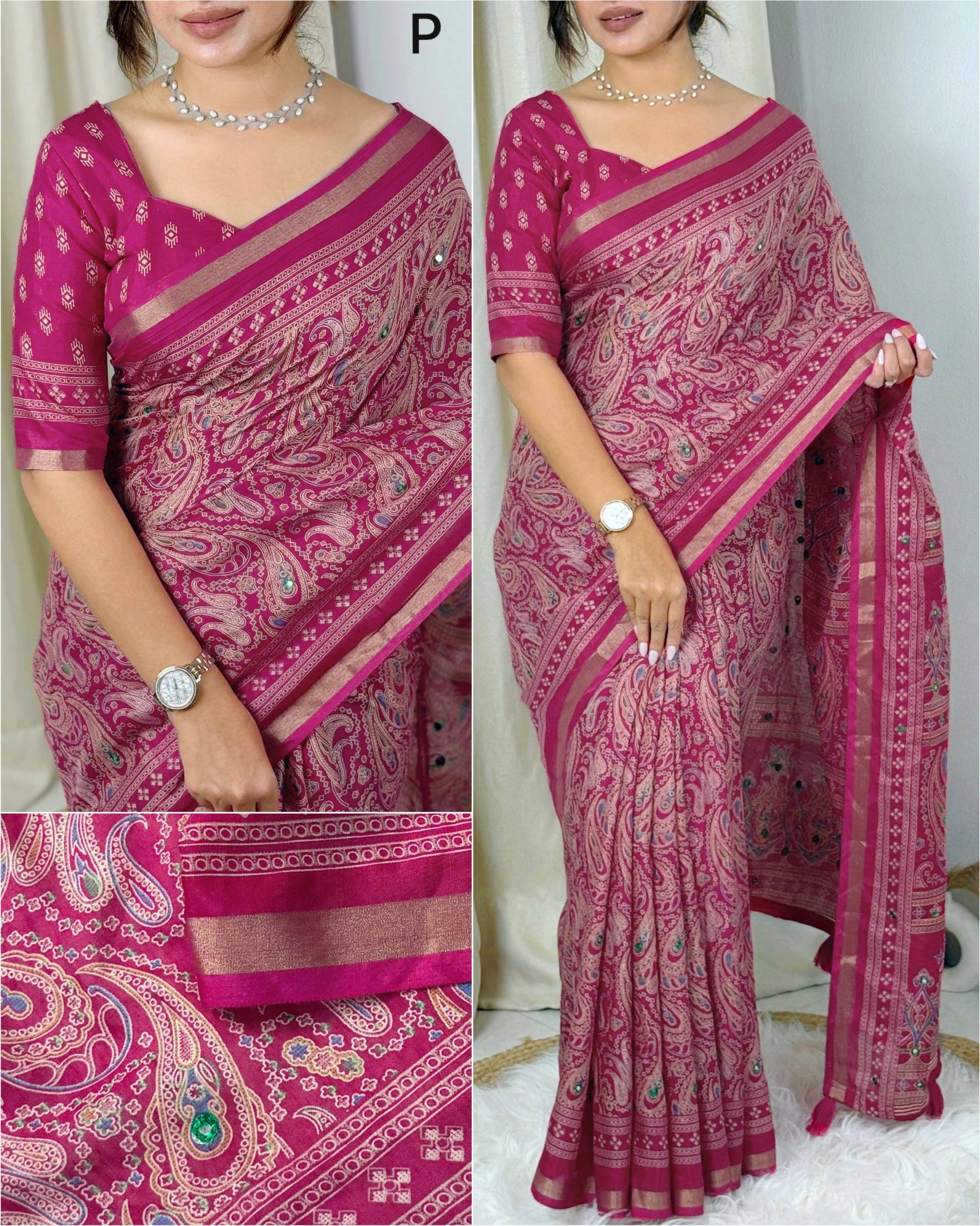 Anuscouture Kalamkari - Ajrakh Print Mul Cotton Saree with Mirror Work Anuscouture