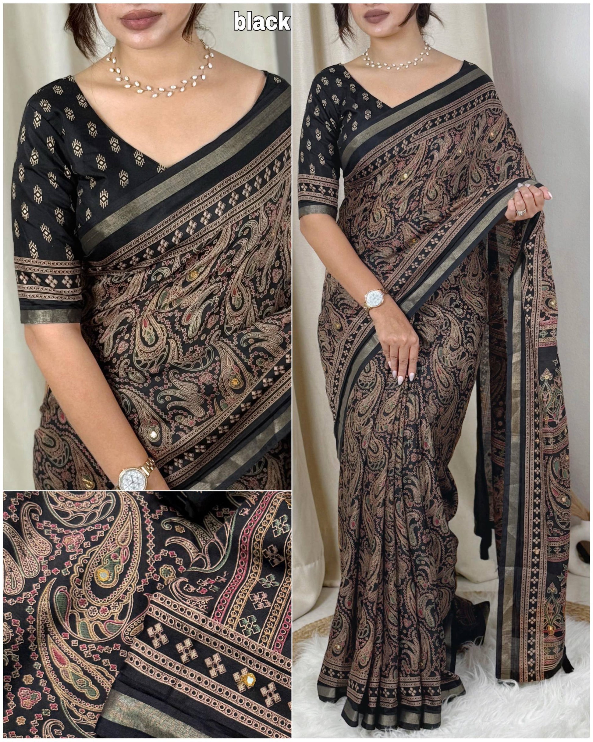 Anuscouture Kalamkari - Ajrakh Print Mul Cotton Saree with Mirror Work Anuscouture