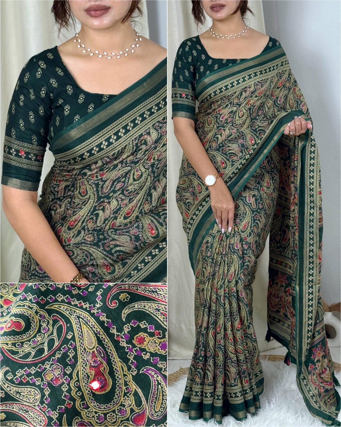 Anuscouture Kalamkari - Ajrakh Print Mul Cotton Saree with Mirror Work Anuscouture