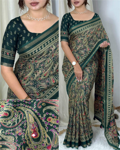 Anuscouture Kalamkari - Ajrakh Print Mul Cotton Saree with Mirror Work Anuscouture