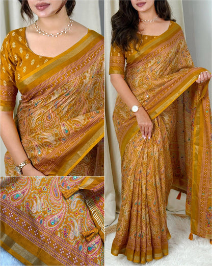 Anuscouture Kalamkari - Ajrakh Print Mul Cotton Saree with Mirror Work Anuscouture