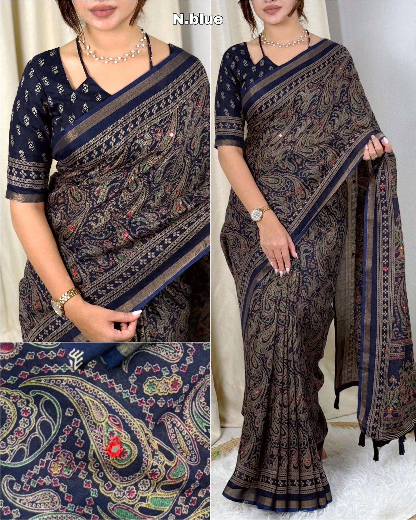 Anuscouture Kalamkari - Ajrakh Print Mul Cotton Saree with Mirror Work Anuscouture