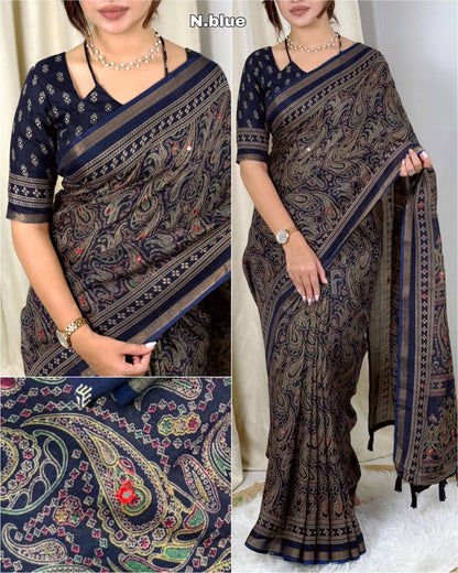 Anuscouture Kalamkari - Ajrakh Print Mul Cotton Saree with Mirror Work Anuscouture