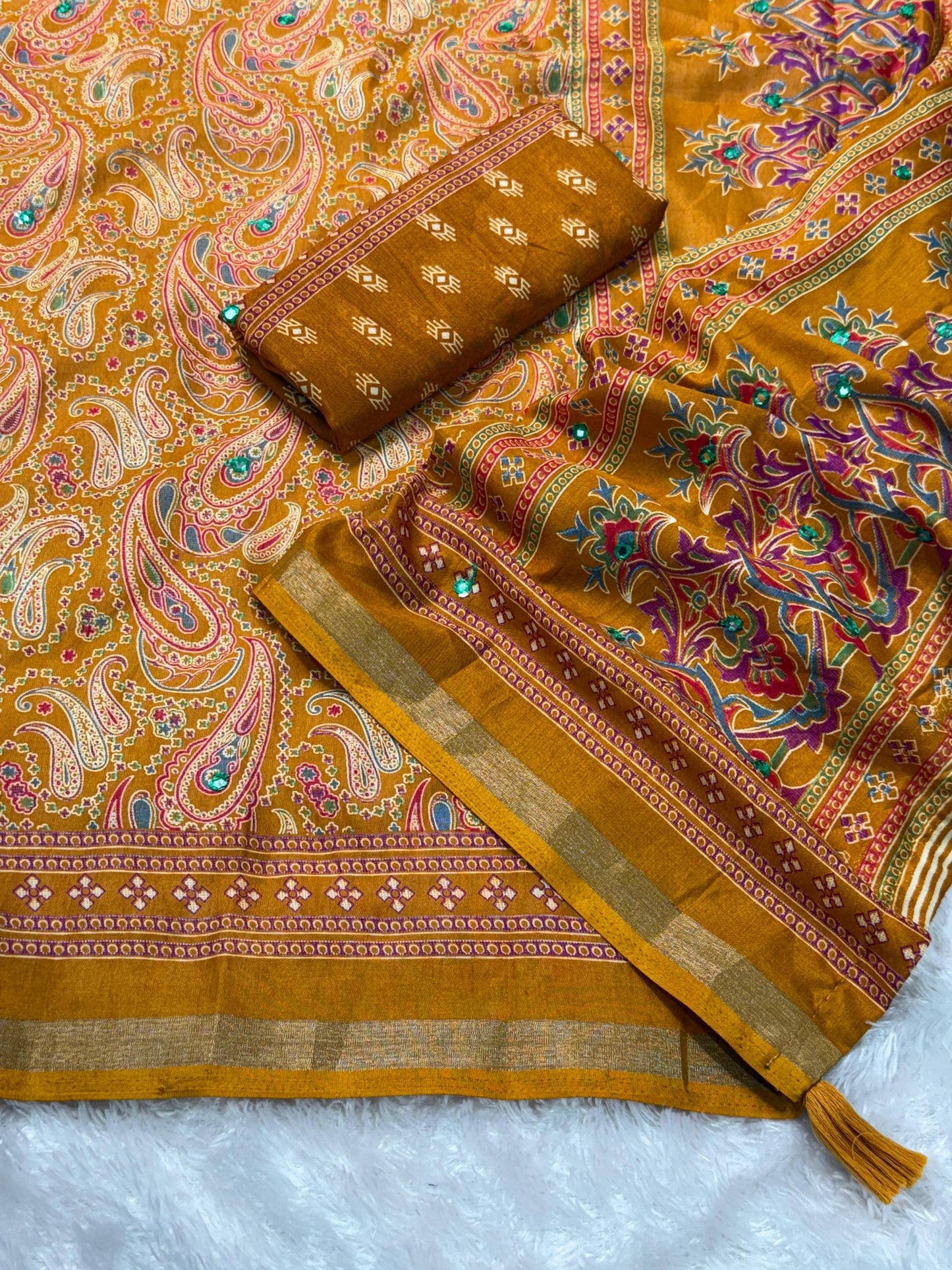 Anuscouture Kalamkari - Ajrakh Print Mul Cotton Saree with Mirror Work Anuscouture