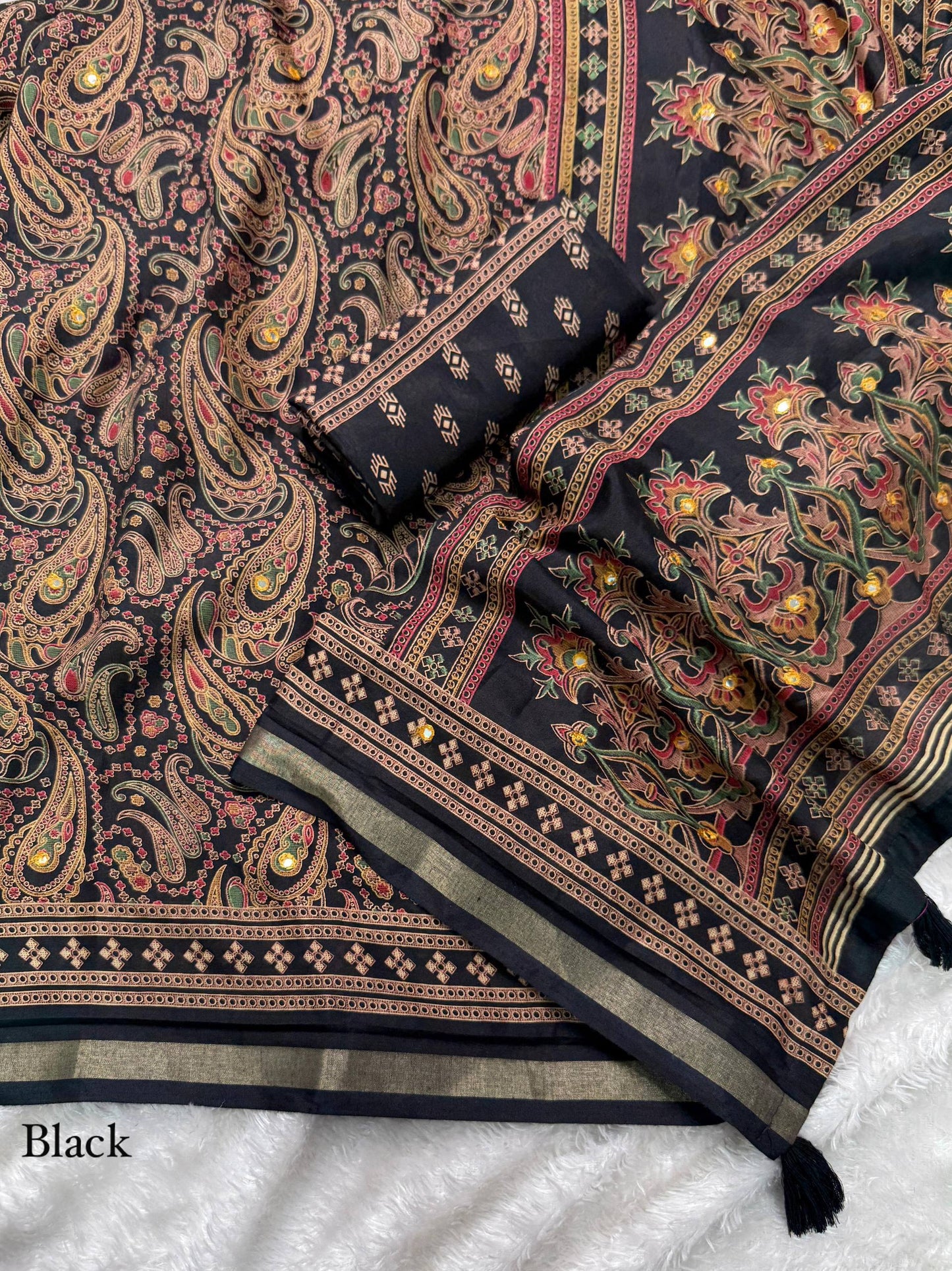 Anuscouture Kalamkari - Ajrakh Print Mul Cotton Saree with Mirror Work Anuscouture