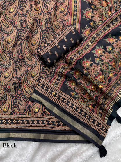 Anuscouture Kalamkari - Ajrakh Print Mul Cotton Saree with Mirror Work Anuscouture