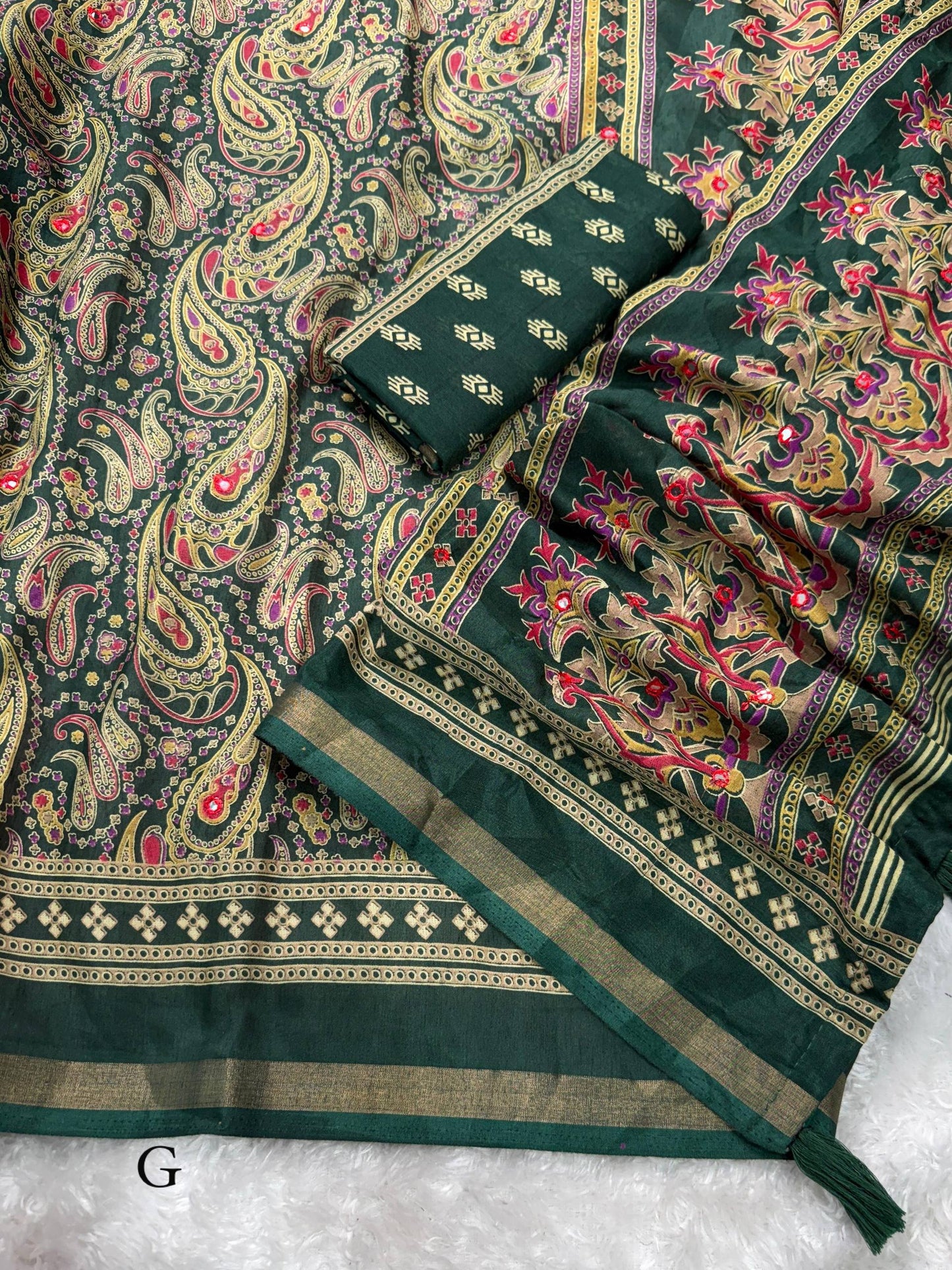Anuscouture Kalamkari - Ajrakh Print Mul Cotton Saree with Mirror Work Anuscouture