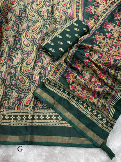 Anuscouture Kalamkari - Ajrakh Print Mul Cotton Saree with Mirror Work Anuscouture