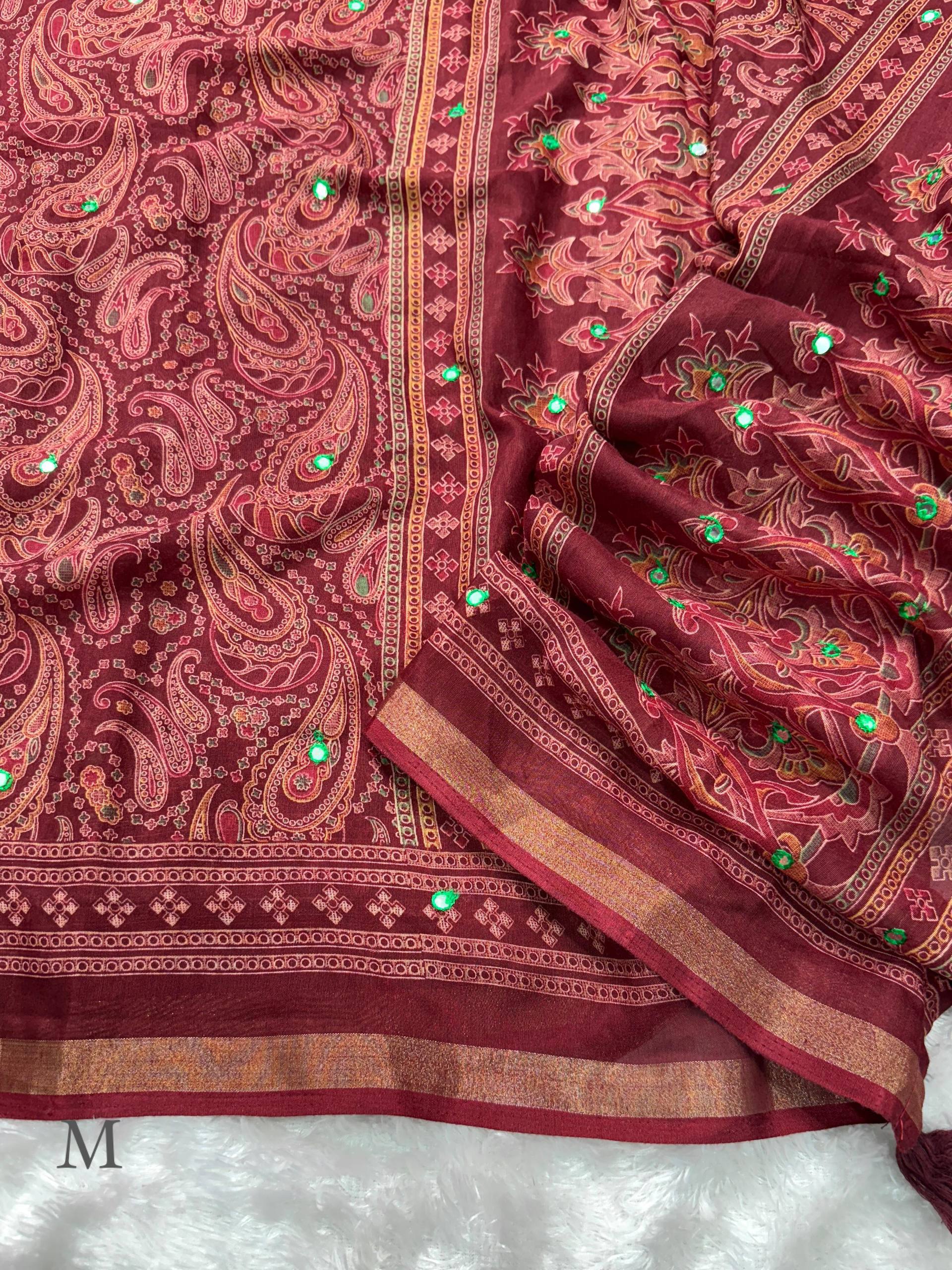 Anuscouture Kalamkari - Ajrakh Print Mul Cotton Saree with Mirror Work Anuscouture
