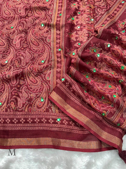 Anuscouture Kalamkari - Ajrakh Print Mul Cotton Saree with Mirror Work Anuscouture
