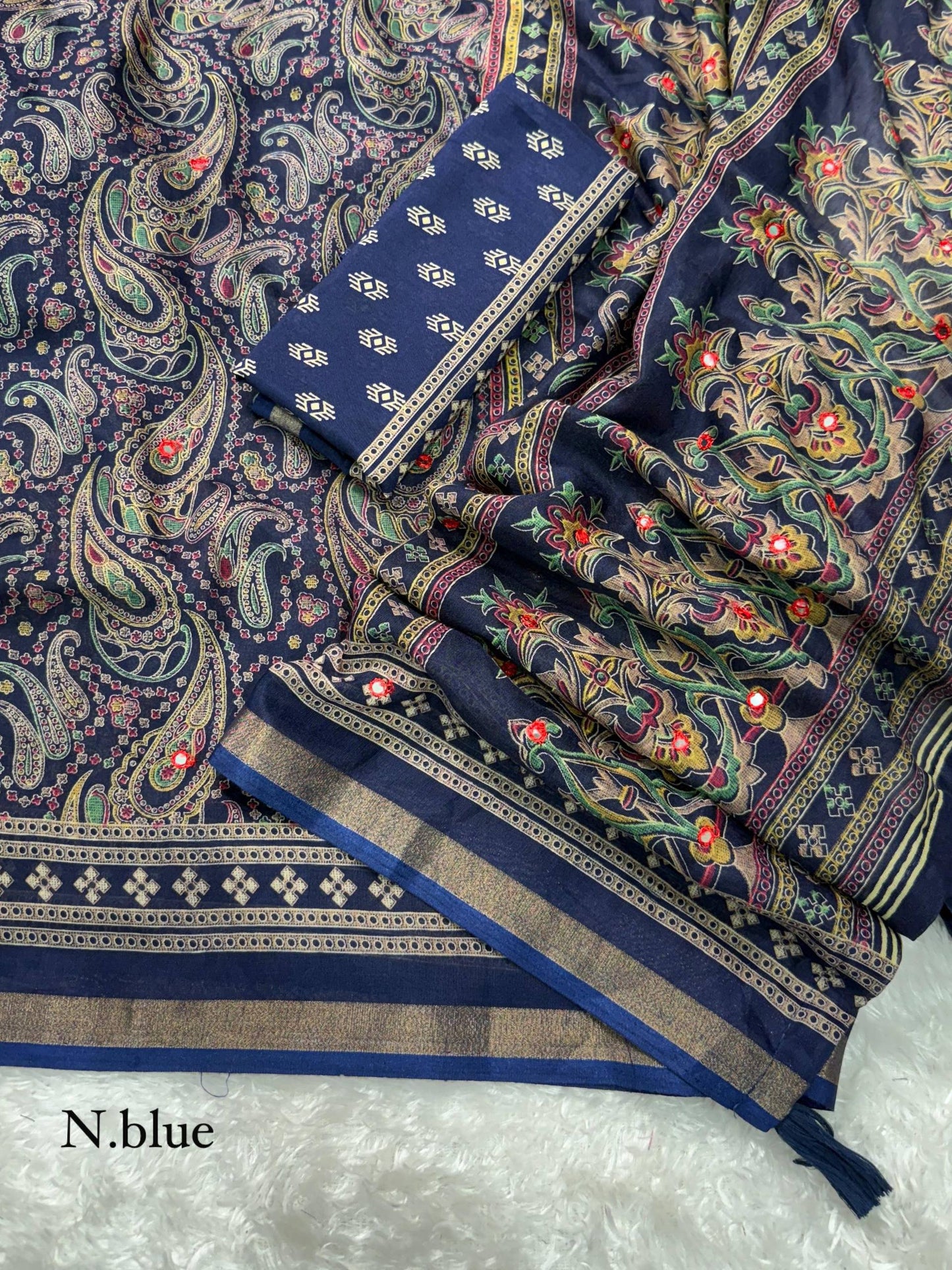 Anuscouture Kalamkari - Ajrakh Print Mul Cotton Saree with Mirror Work Anuscouture