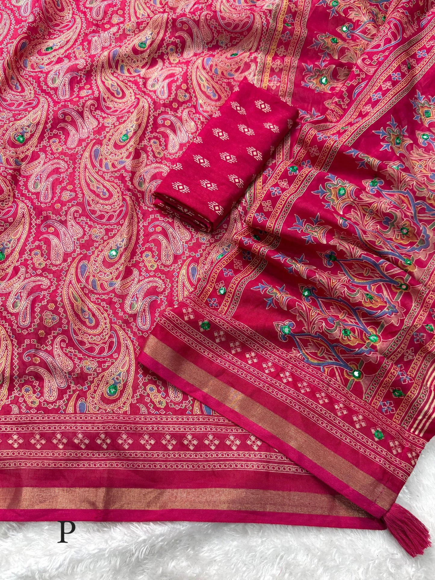 Anuscouture Kalamkari - Ajrakh Print Mul Cotton Saree with Mirror Work Anuscouture