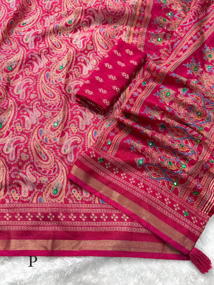 Anuscouture Kalamkari - Ajrakh Print Mul Cotton Saree with Mirror Work Anuscouture