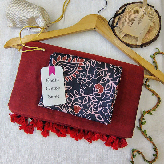 Red Khadi Cotton Saree with Floral Printed Blouse