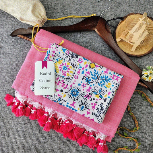 Baby pink Khadi Cotton Saree with Print Blouse