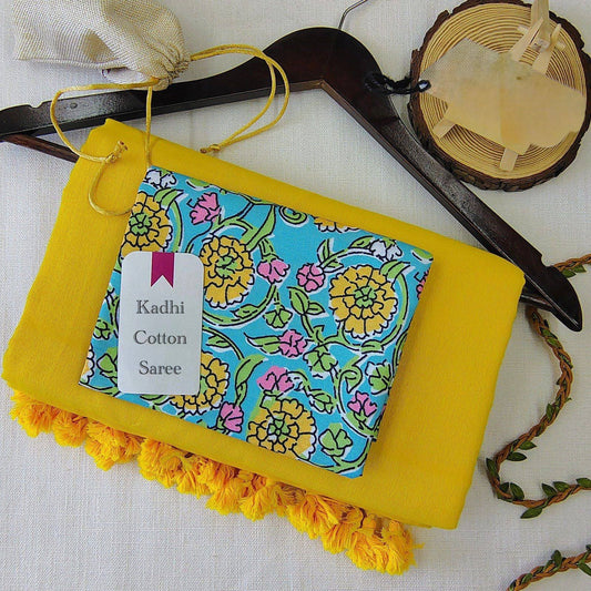 Yellow Khadi Cotton Saree with Floral Printed Blouse