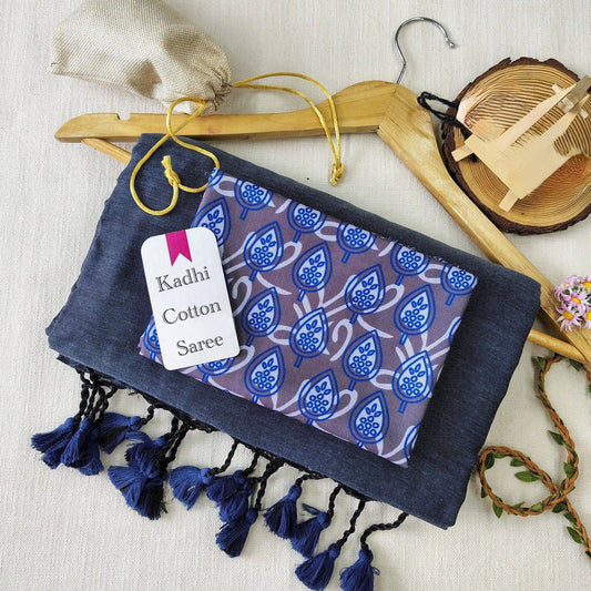 Navi blue Khadi Cotton Saree with Printed Blouse