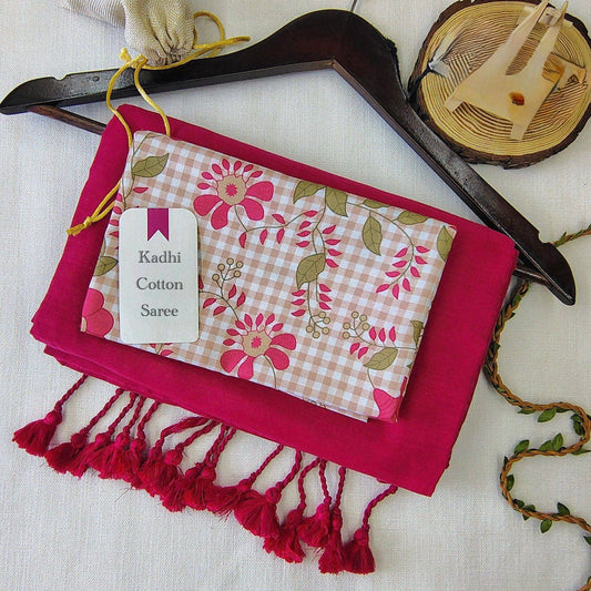 Magenta Khadi Cotton Saree with Floral Print Blouse