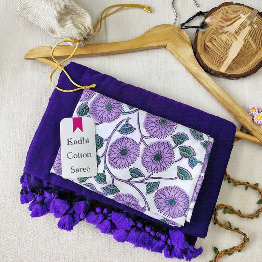 Purple Khadi Cotton Saree with White Print Blouse