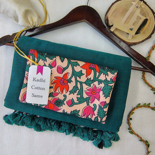 Teal Blue Khadi Cotton Saree with Printed Blouse