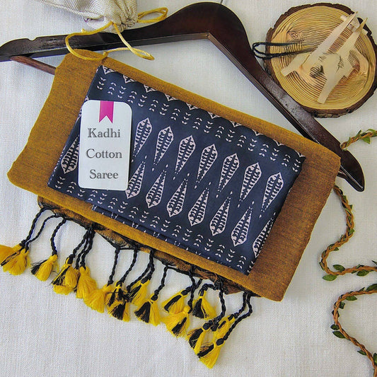 Mustard Khadi Cotton Saree with Blue Print Blouse