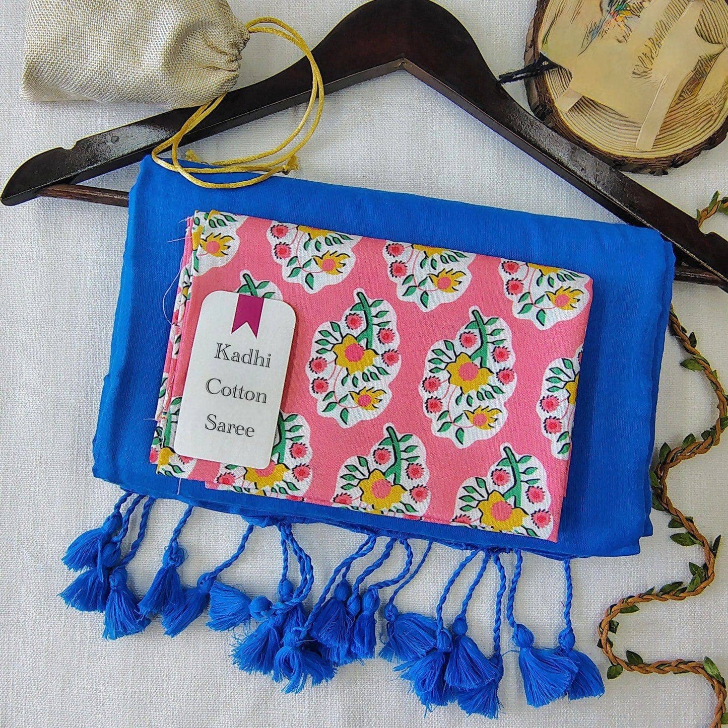 Blue Khadi Cotton Saree with Pink Floral Printed Blouse