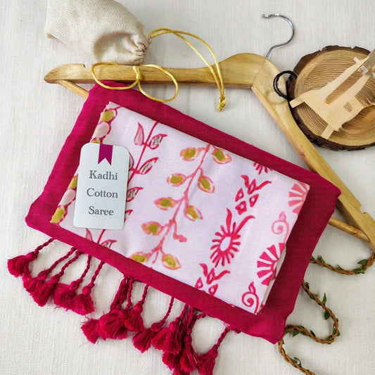 Magenta Pink Khadi Cotton Saree with White Printed Blouse