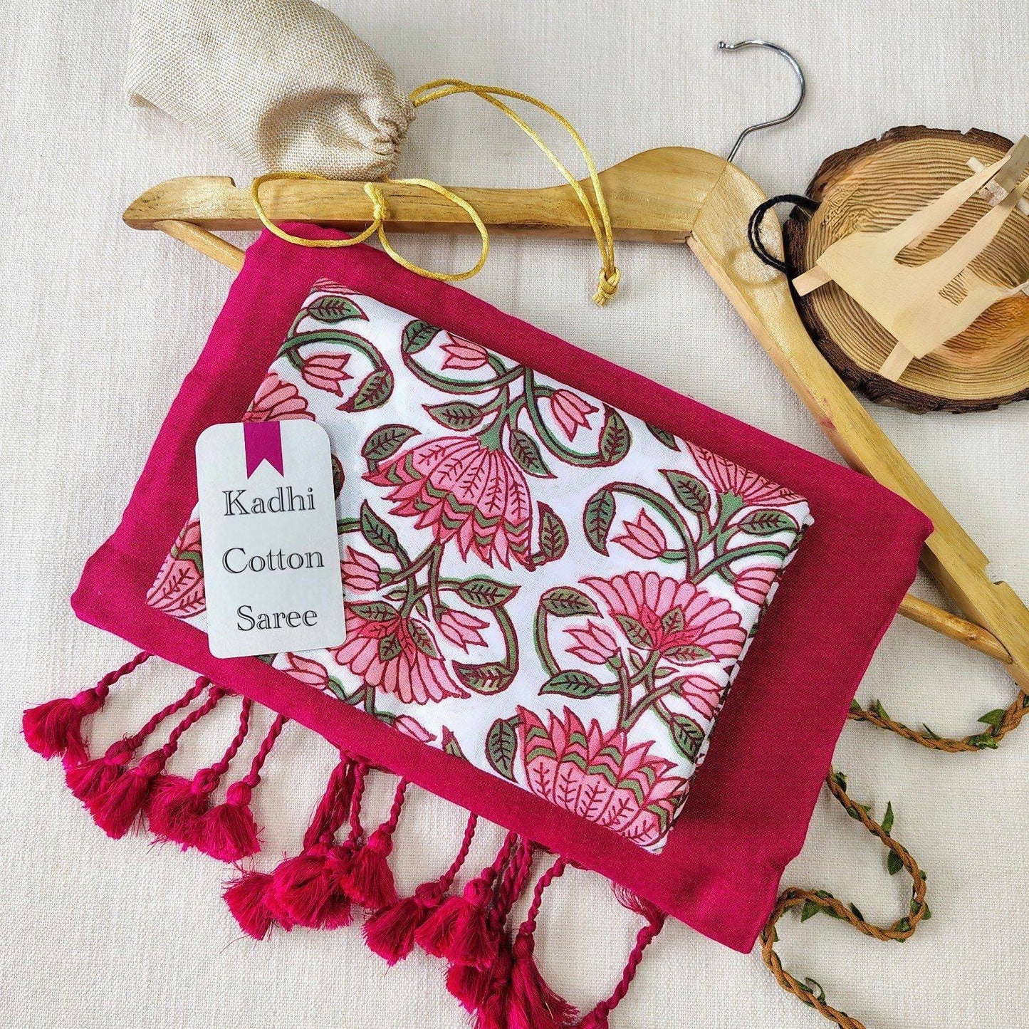 Magenta Khadi Cotton Saree with print blouse