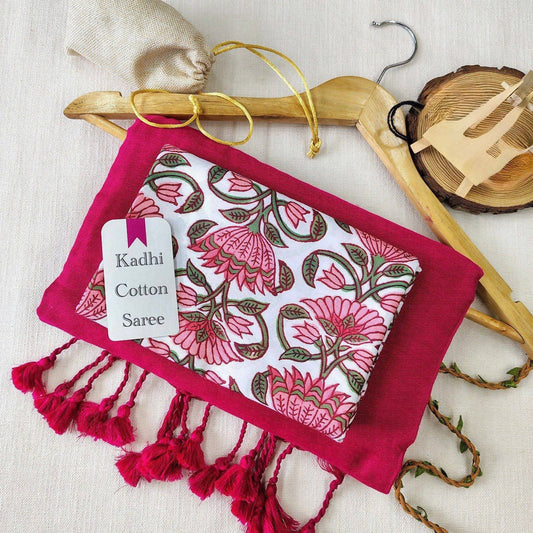 Magenta Khadi Cotton Saree with print blouse