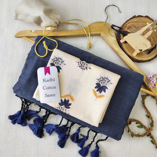 Dark Blue Khadi Cotton Saree with off-white Printed Blouse